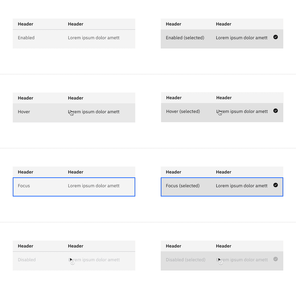 Selectable structured list interactive states with the feature flag disabled